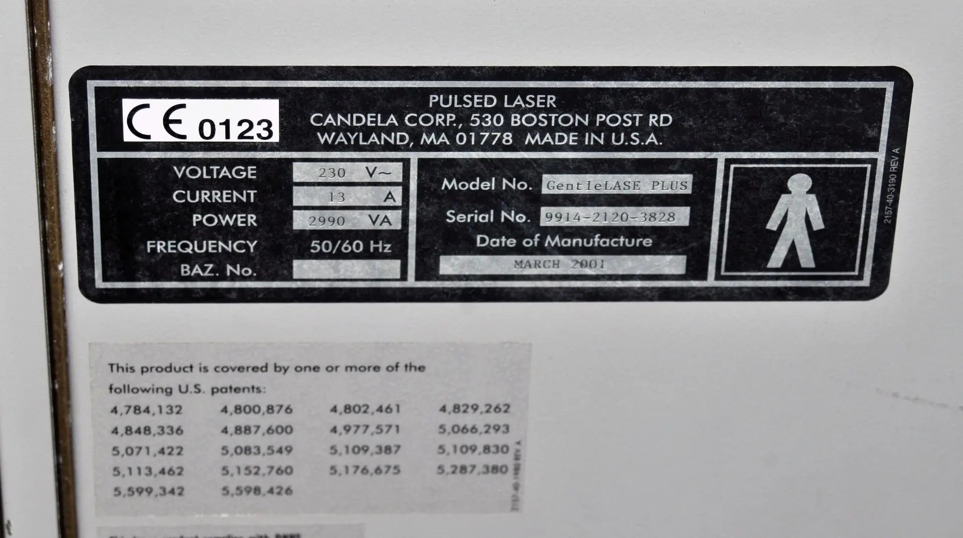 2001 Candela GentleLASE Plus 755nm Alexandrite Laser Hair Removal Alex HR Candela