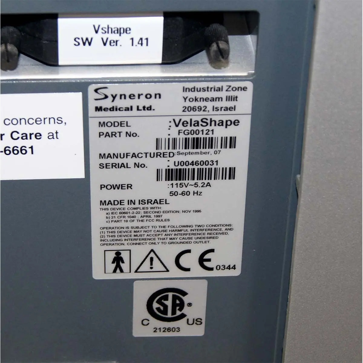 Syneron VelaShape FG00121 System with Dual Connector Adapter Vcontour Handpiece Sol International Medical