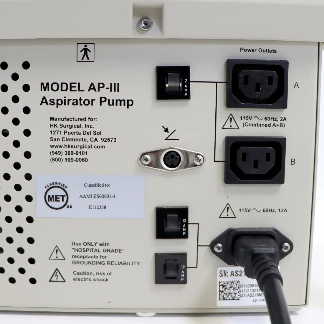 HK Surgical Aspirator Pump AP-III 115V with Valet Cart 42in Tall Vacuum 85-LPM Sol International Medical