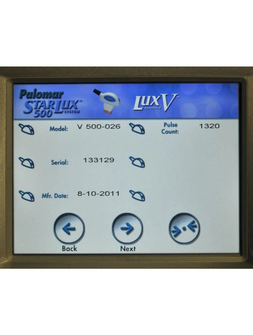 2011 Palomar StarLux 500 LuxV IPL Laser Acne Pigmented Lesions Lux V Handpiece Palomar