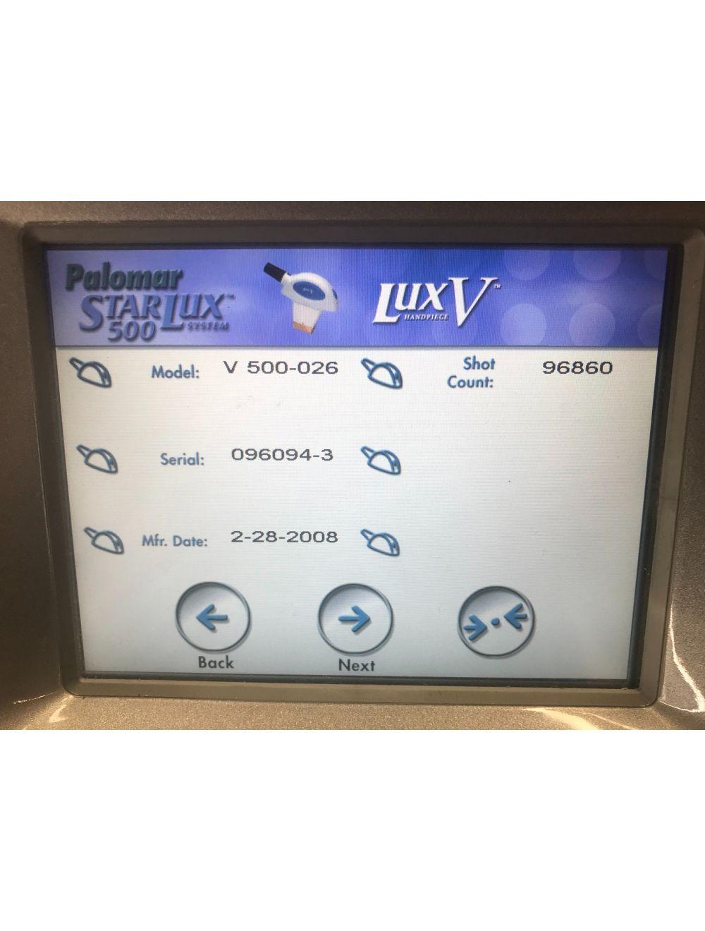 2008 Palomar Starlux 500 Lux V IPL Acne Handpiece Star Lux LuxV 96K Shots Palomar