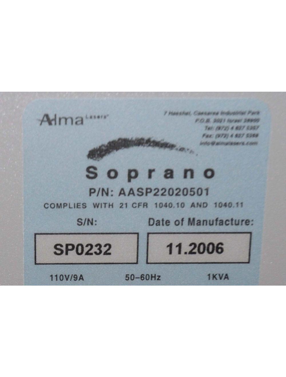 2006 Alma Soprano XL 810nm Diode IPL Hair Removal Laser System SHR Handpiece Alma