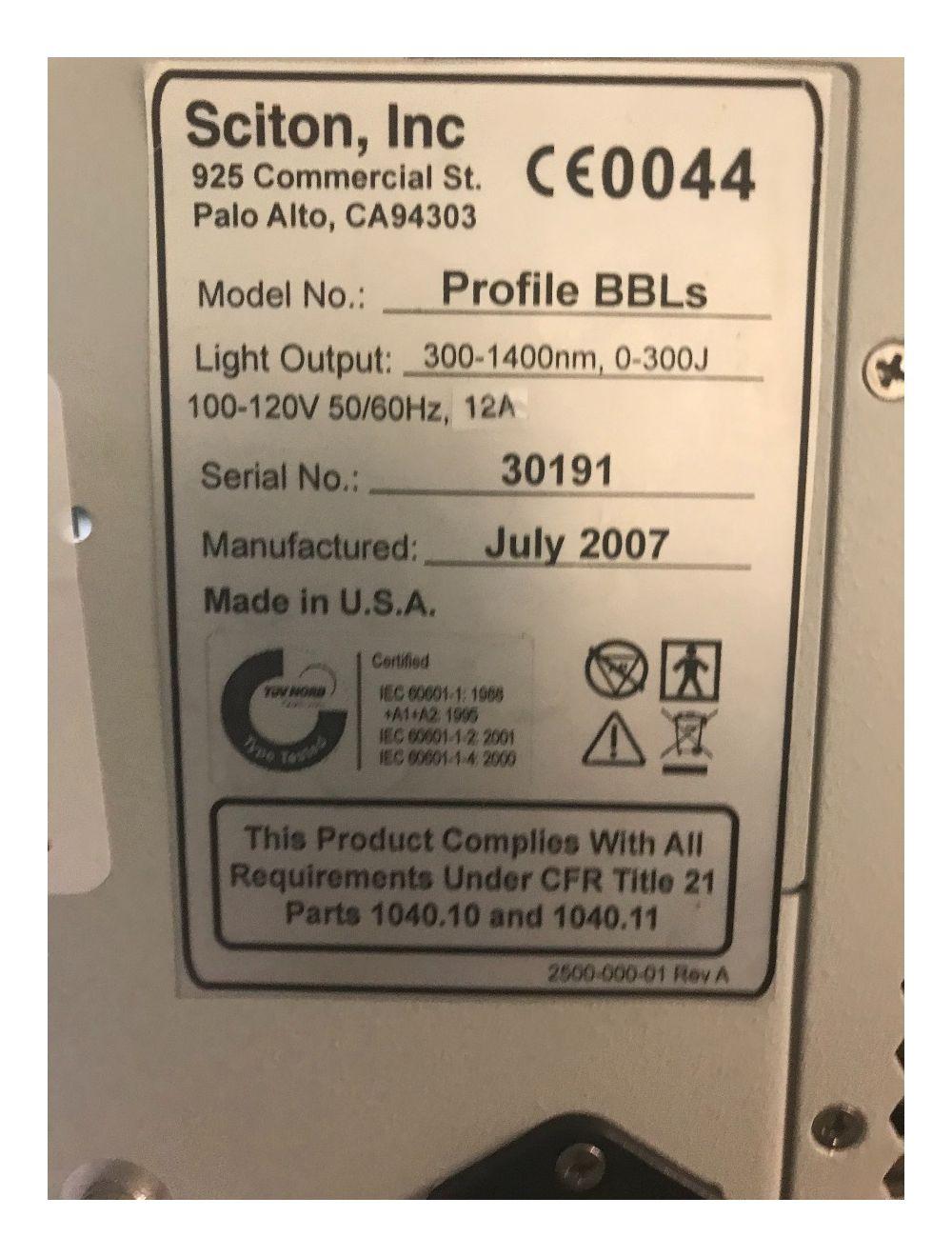 2007 Sciton BBLs Laser Broad Band Light Pigment HR Vascular BBL IPL LOW SHOTS Sol International Medical