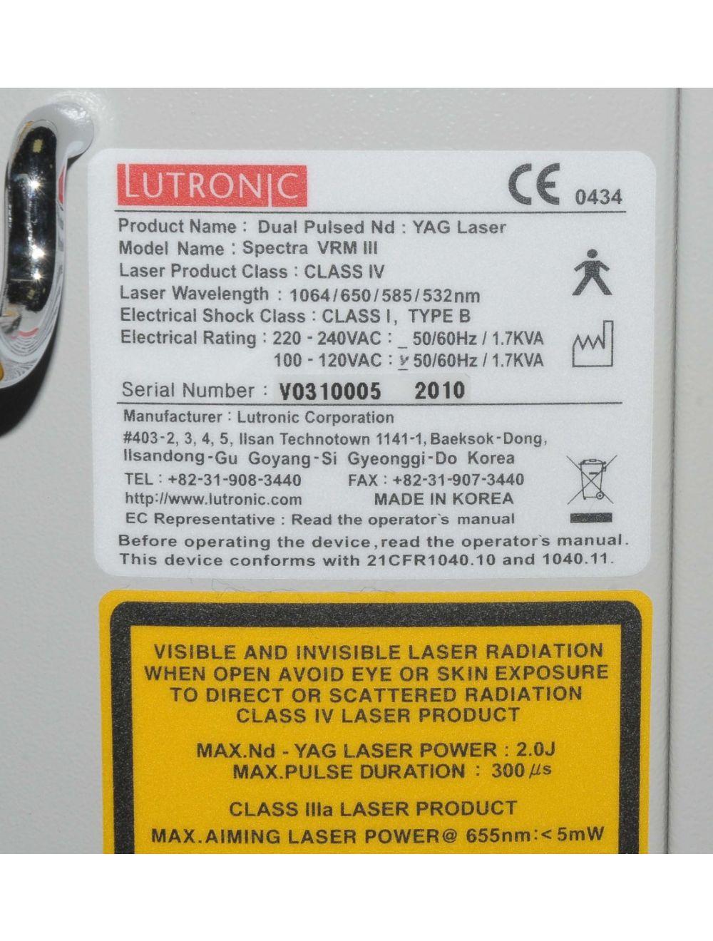 2010 Lutronic Spectra VRM III Q-Switched Nd:YAG Laser Tattoo CARBON PEEL 1064nm Lutronic