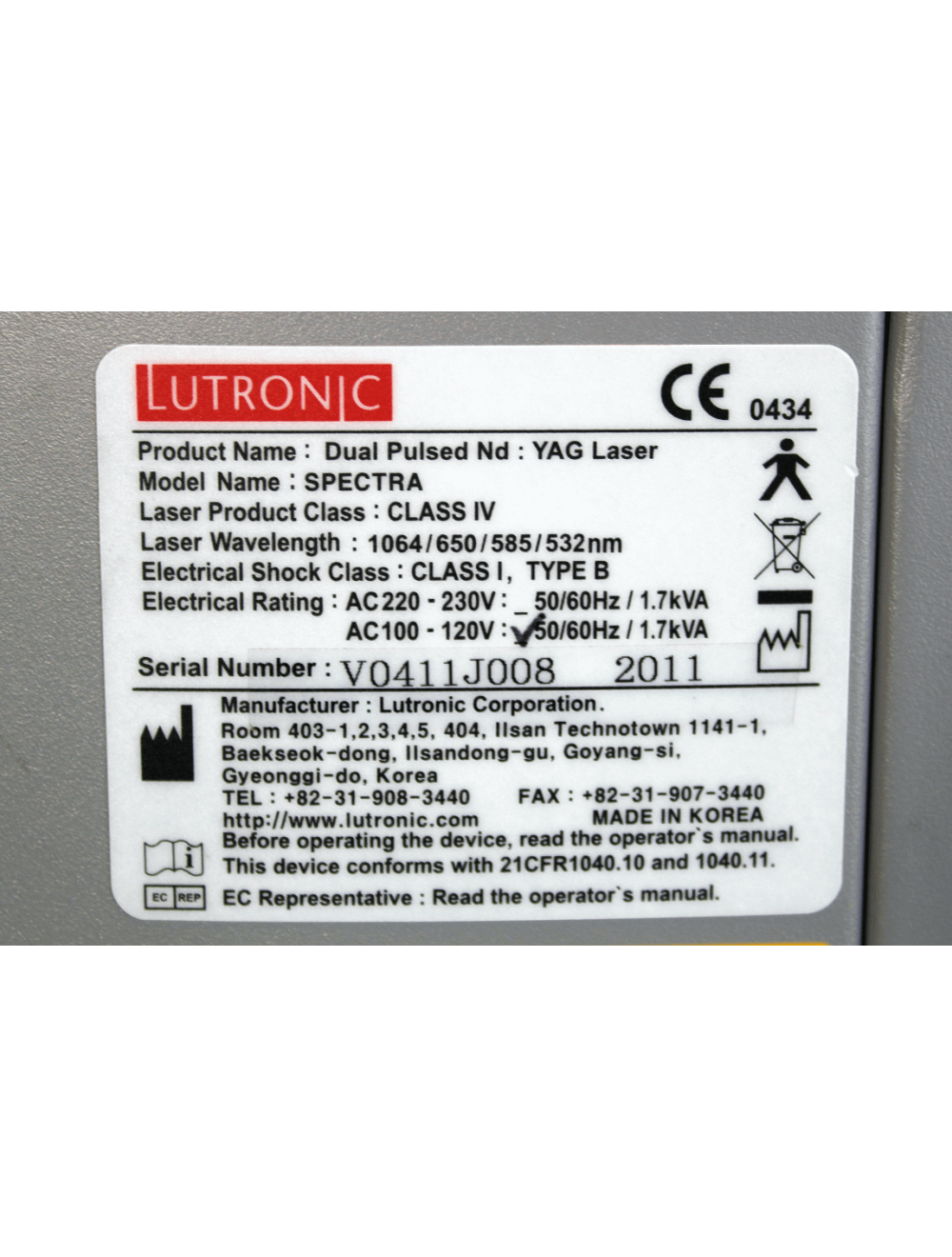 2011 Lutronic Spectra Dual Pulsed Nd YAG Laser Class IV Lutronic
