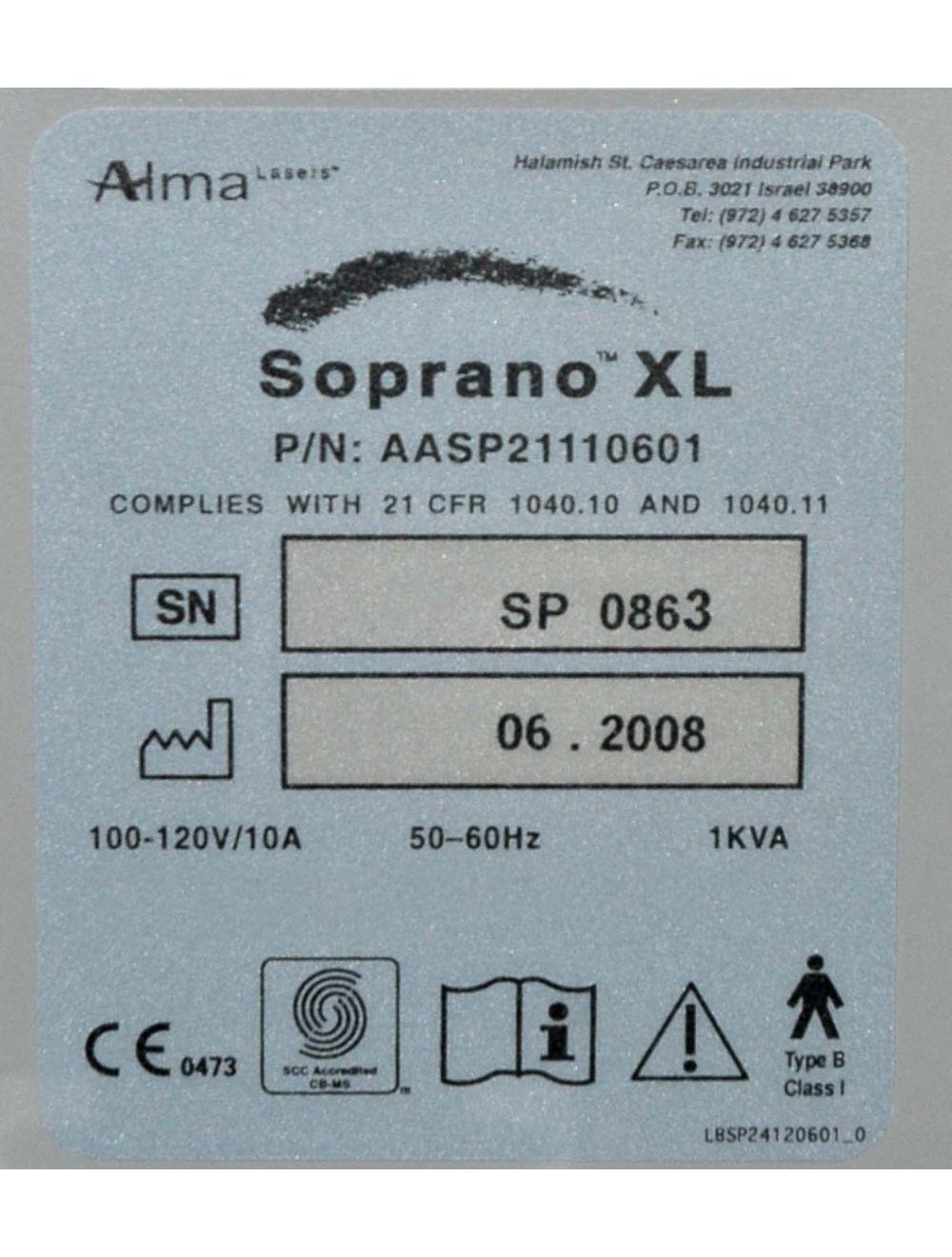 2008 ALMA Soprano XL Laser System Hair Removal 810nm Diode w/ SHR Handpiece HR Alma