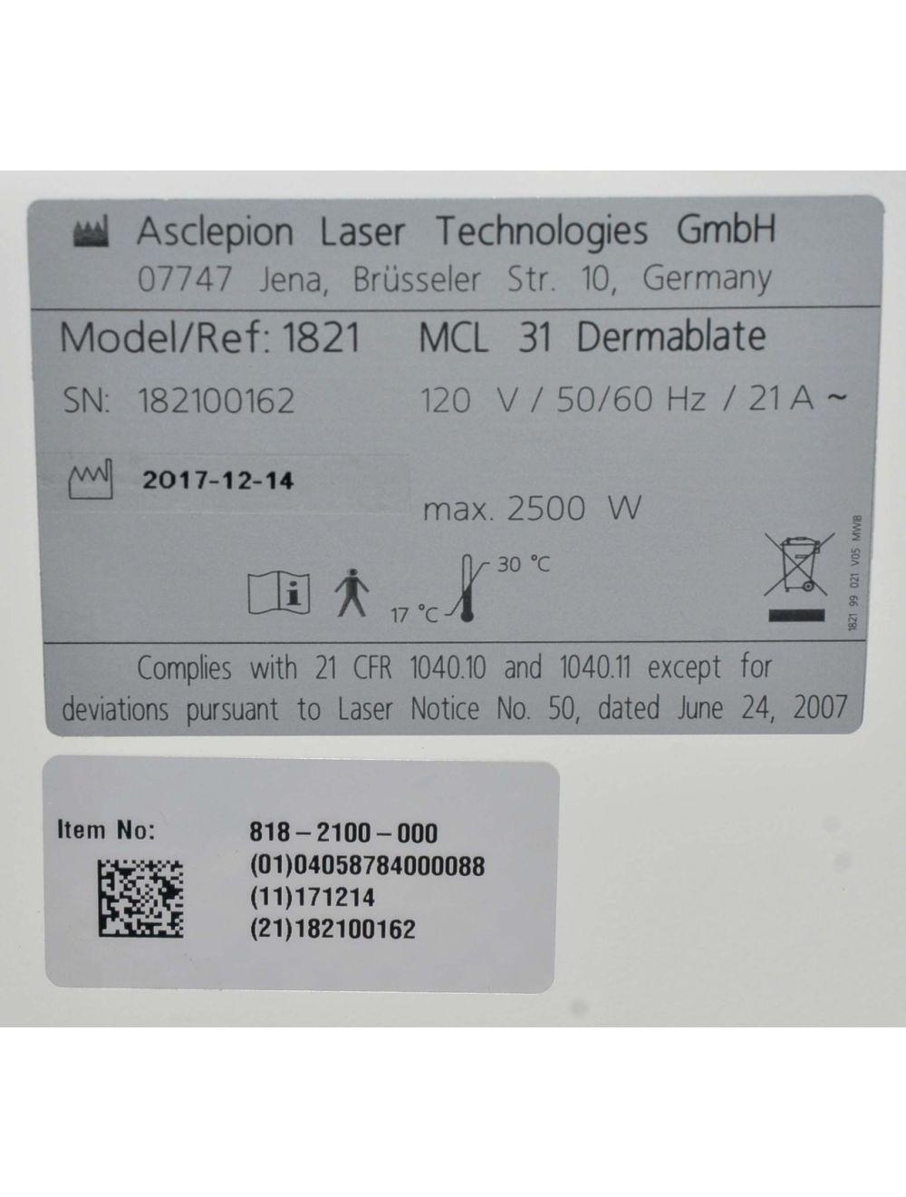 2017 Asclepion Laser DERMABLATE MCL31 Erbium YAG Juliet Vaginal Rejuvenation Sol International Medical