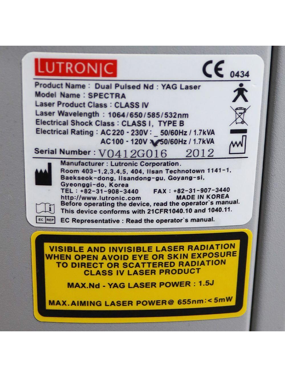 2012 Lutronic Spectra Dual Pulsed Nd Yag Laser Class IV Tattoo Removal System Lutronic