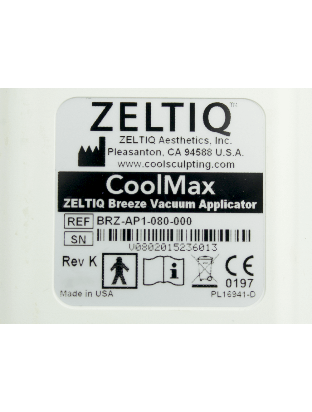 Zeltiq CoolSculpting CoolMax Breeze Vacuum Applicator BRZ-AP1-080-000 HP 2015 Zeltiq